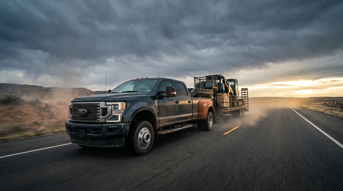 A heavy-duty diesel pickup truck towing a loaded flatbed trailer along a dramatic open highway under a moody golden sky.